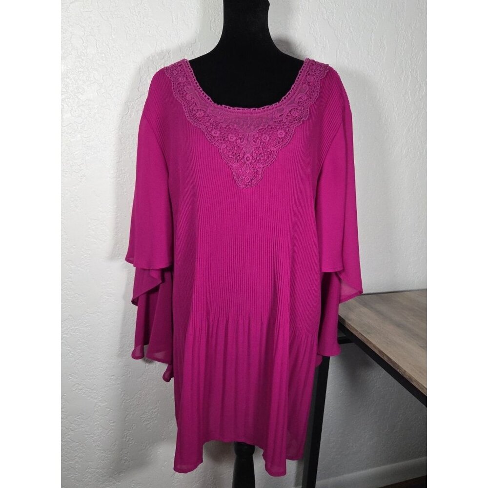 Catherines Women’s Blouse 2X Purple Pleated Crotchet Flutter Sleeve